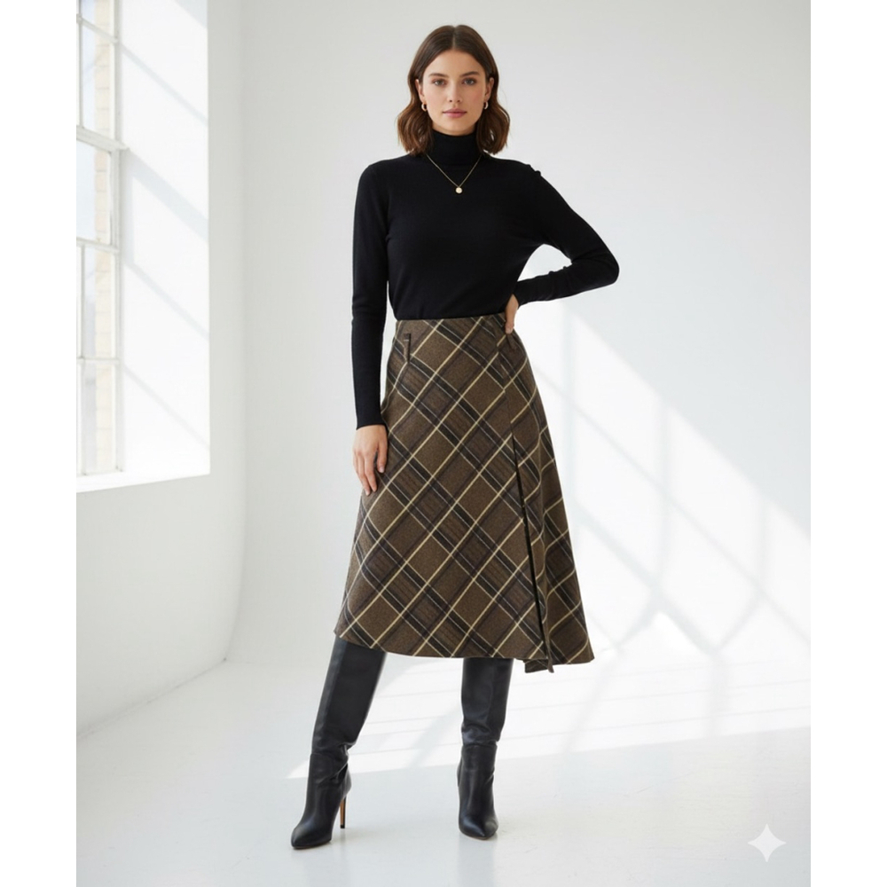 Secret Sunflower Brown Plaid Wool Blend Asymmetric Midi Skirt Size S